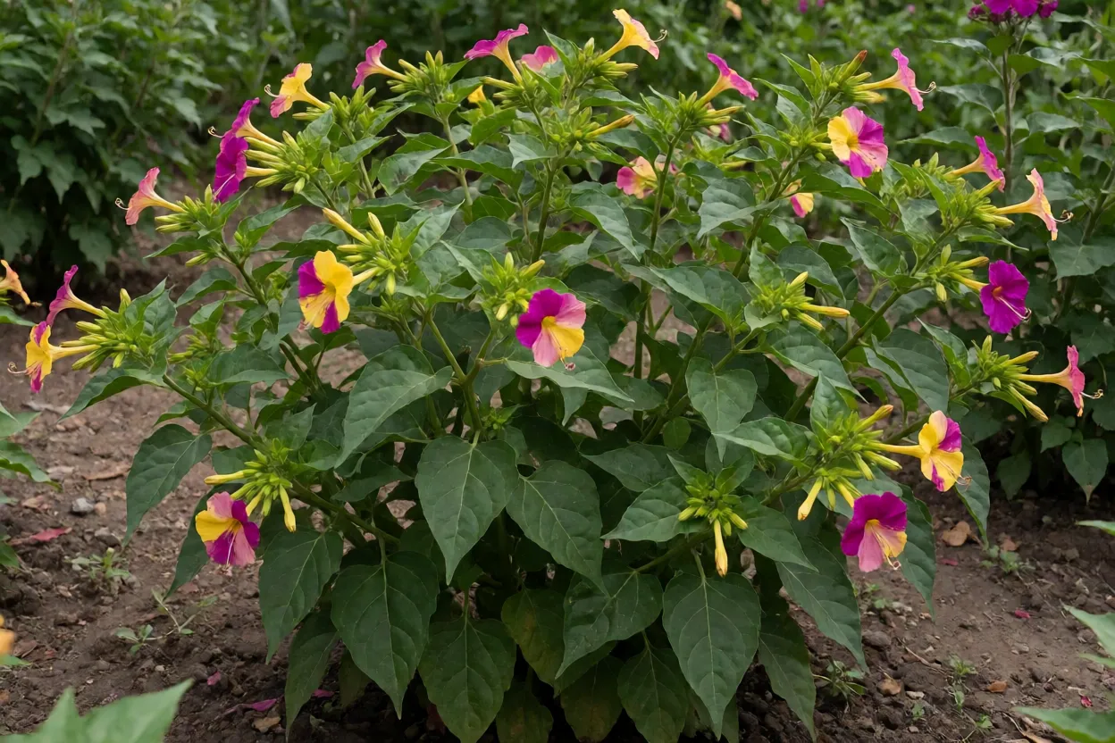Bonina Bonina Mirabilis jalapa adulta florida no jardim com flores de várias cores