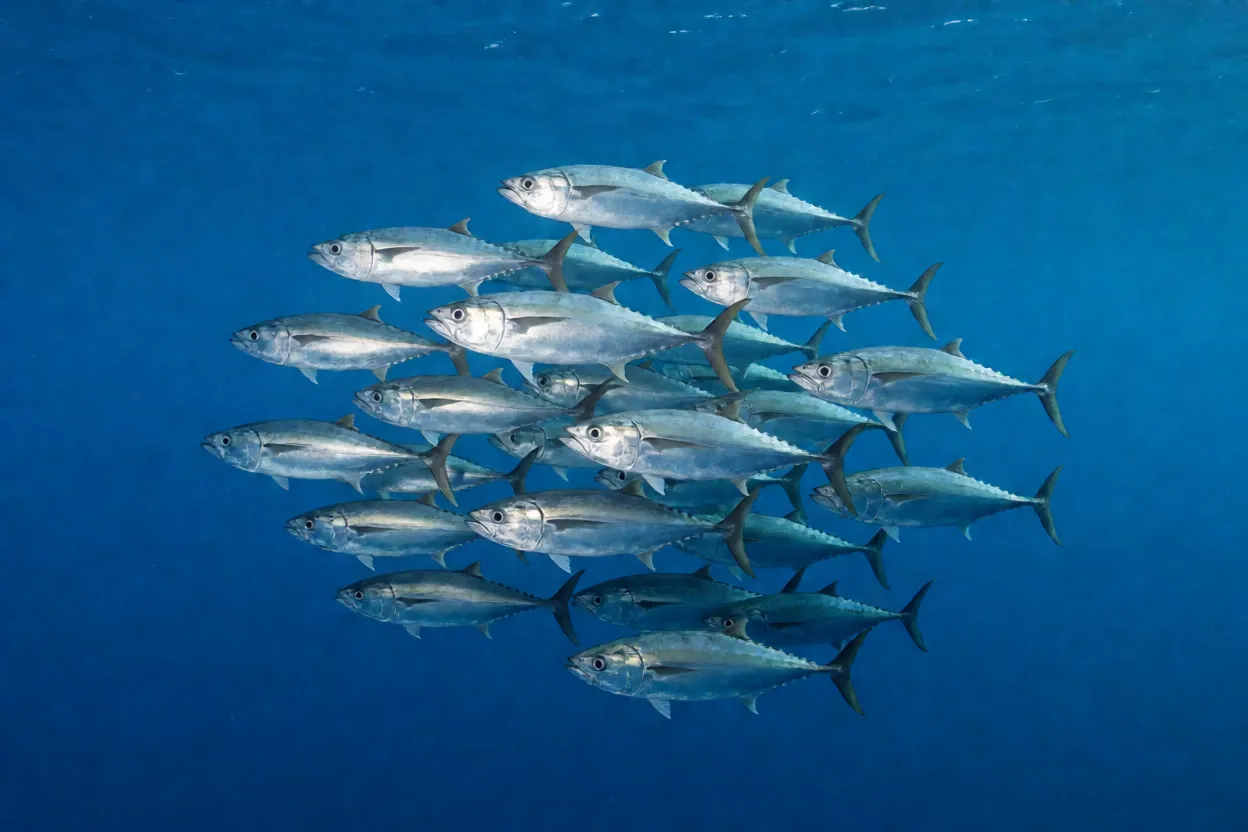 Cardume de peixes bonito nadando junto em mar aberto