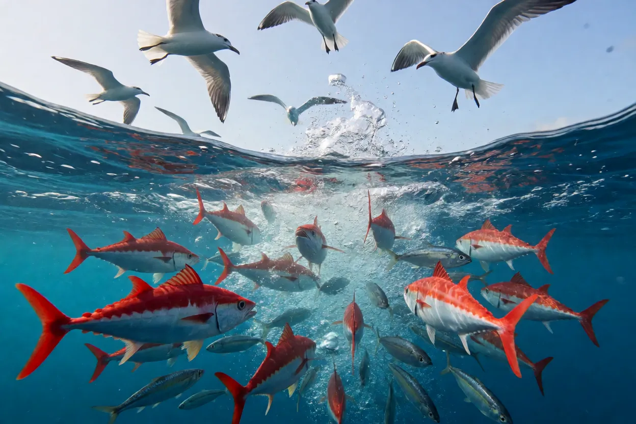 Bonito caçando sardinhas na superfície do mar
