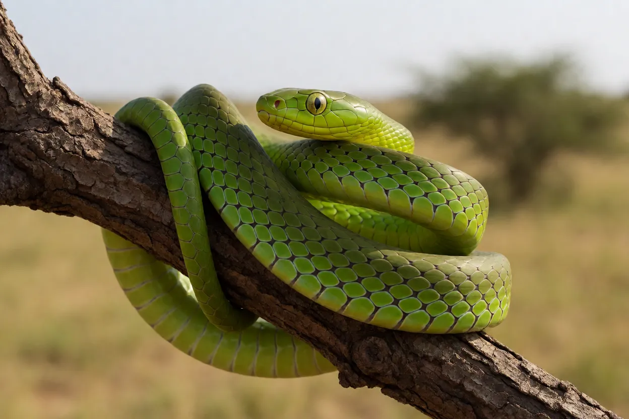 Boomslang adulta verde macho enrolada em galho de acácia na savana