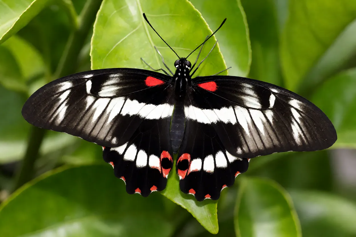 Borboleta-cabeça-de-cachorro adulta com asas abertas mostrando faixa branca e manchas vermelhas