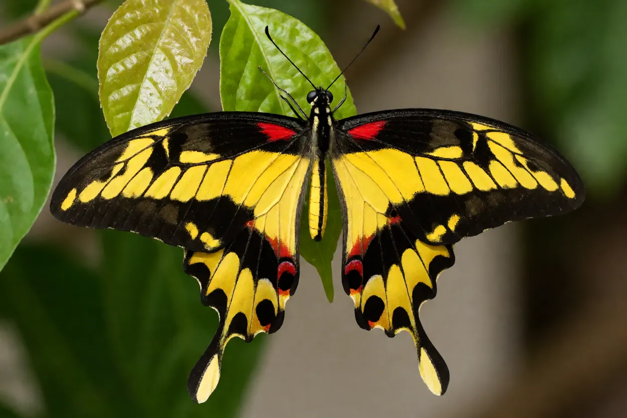 Borboleta-cauda-de-andorinha Heraclides thoas com asas amarelas e pretas pousada em folha