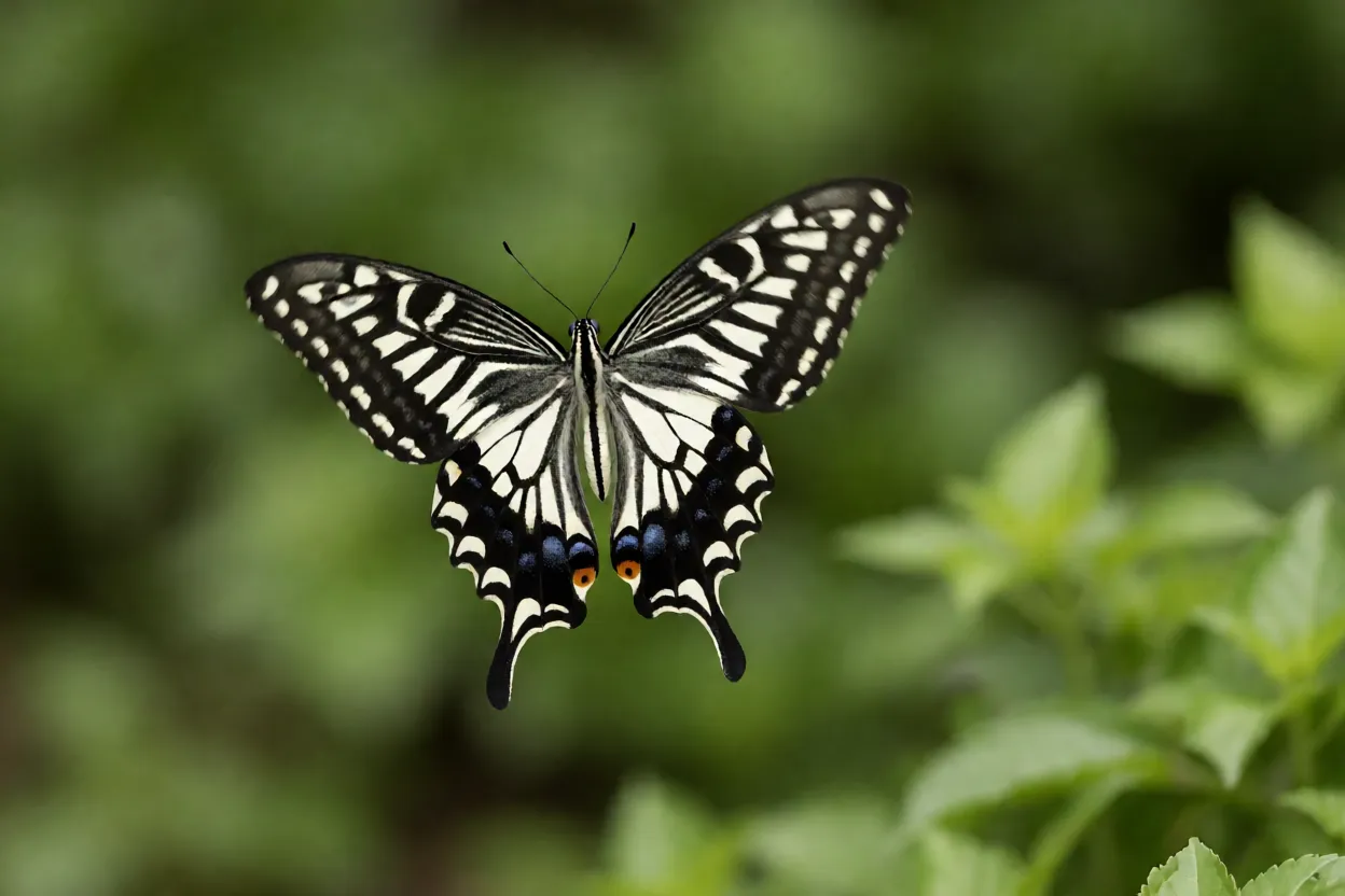 Borboleta-cauda-de-andorinha em voo com asas abertas mostrando a cauda