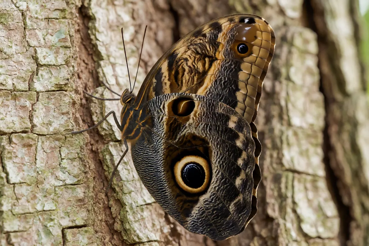 Borboleta-coruja com asas fechadas mostrando ocelo que imita olho de coruja