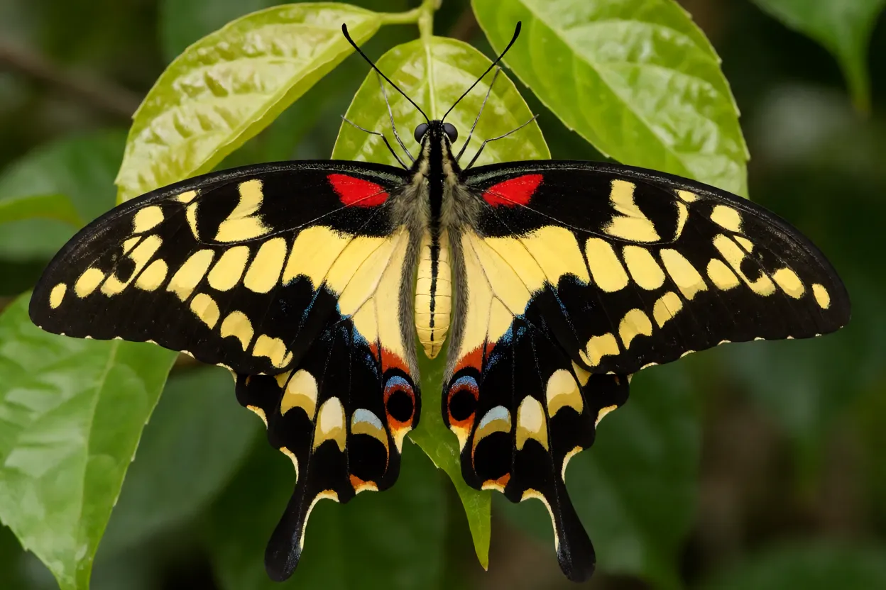 Borboleta-rabo-de-andorinha Heraclides thoas com asas abertas mostrando cauda e manchas azuis