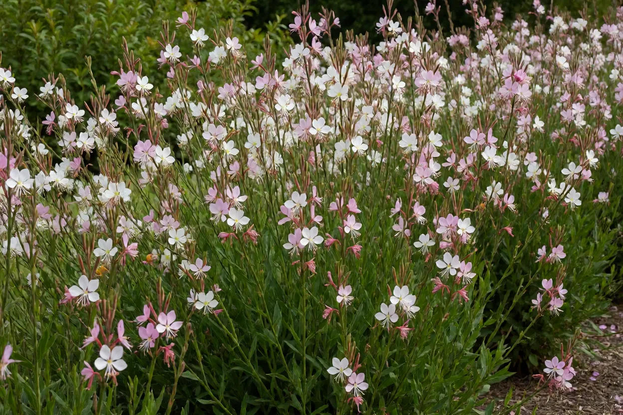 Borboletinha (Oenothera lindheimeri) adulta florida no canteiro a sol pleno