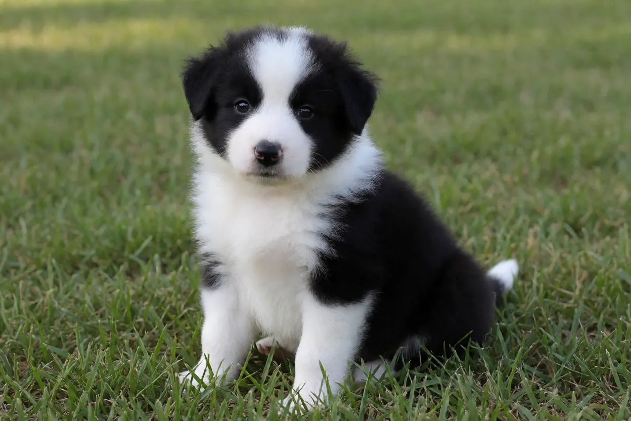 Filhote de Border Collie preto e branco sentado na grama