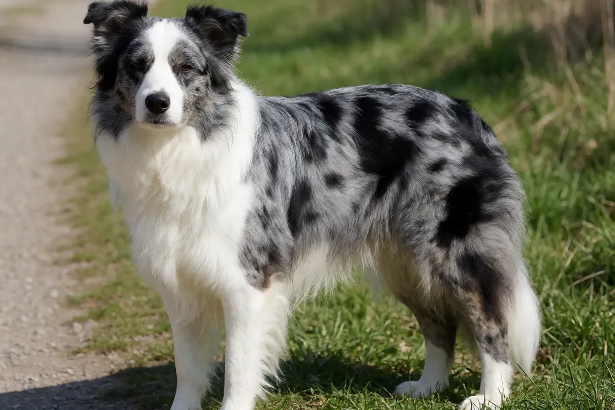 Border Collie merle azul em pé ao ar livre