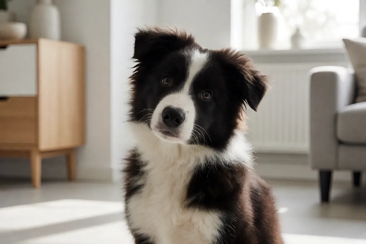 Border Collie: personalidade e como cuidar da raça mais inteligente do mundo Filhote de Border Collie curioso olhando para a câmera