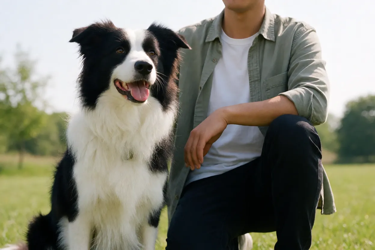 Border Collie: personalidade e como cuidar da raça mais inteligente do mundo Border Collie em sessão de treino de obediência com tutor