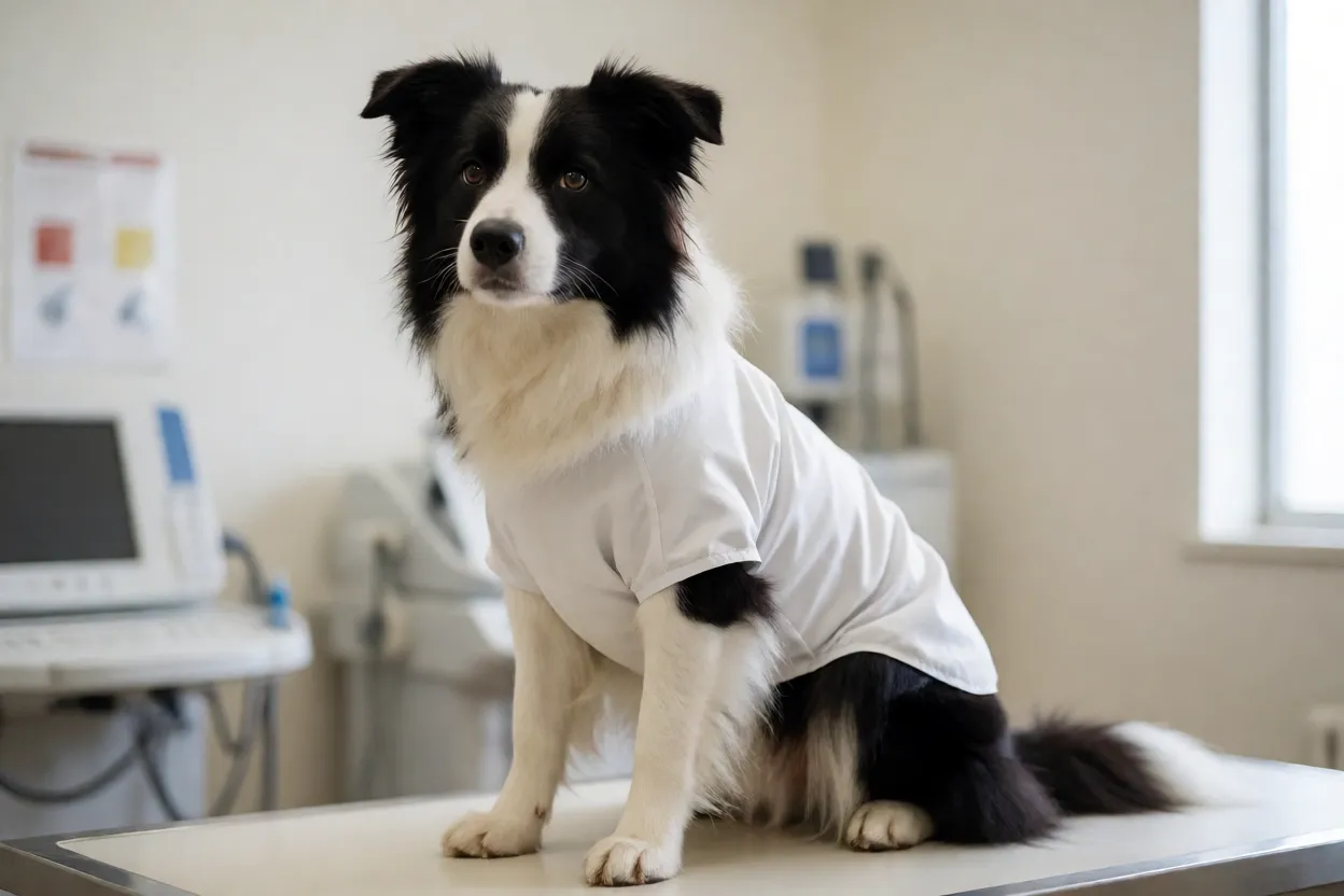 Border Collie: personalidade e como cuidar da raça mais inteligente do mundo Border Collie em consulta veterinária para check-up