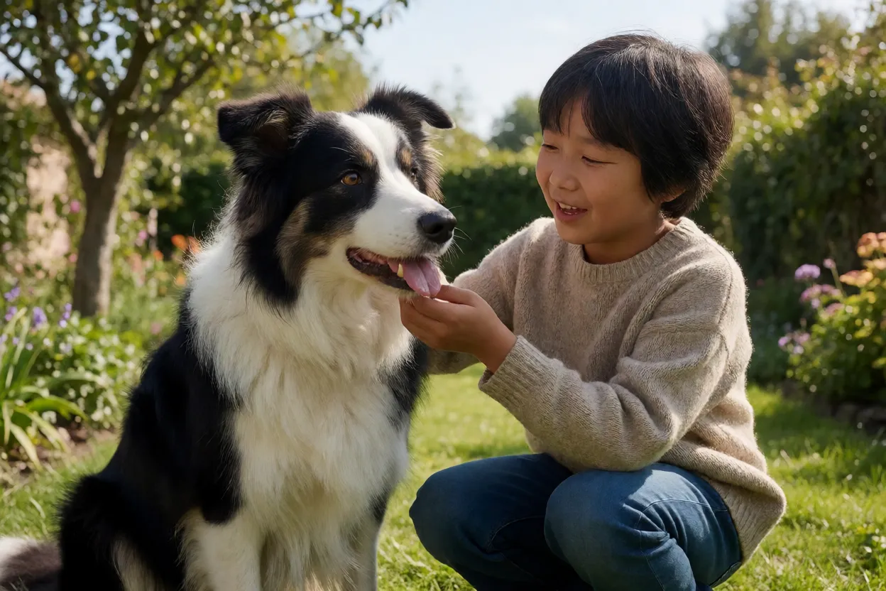 Border Collie: personalidade e como cuidar da raça mais inteligente do mundo Border Collie interagindo calmamente com criança em jardim