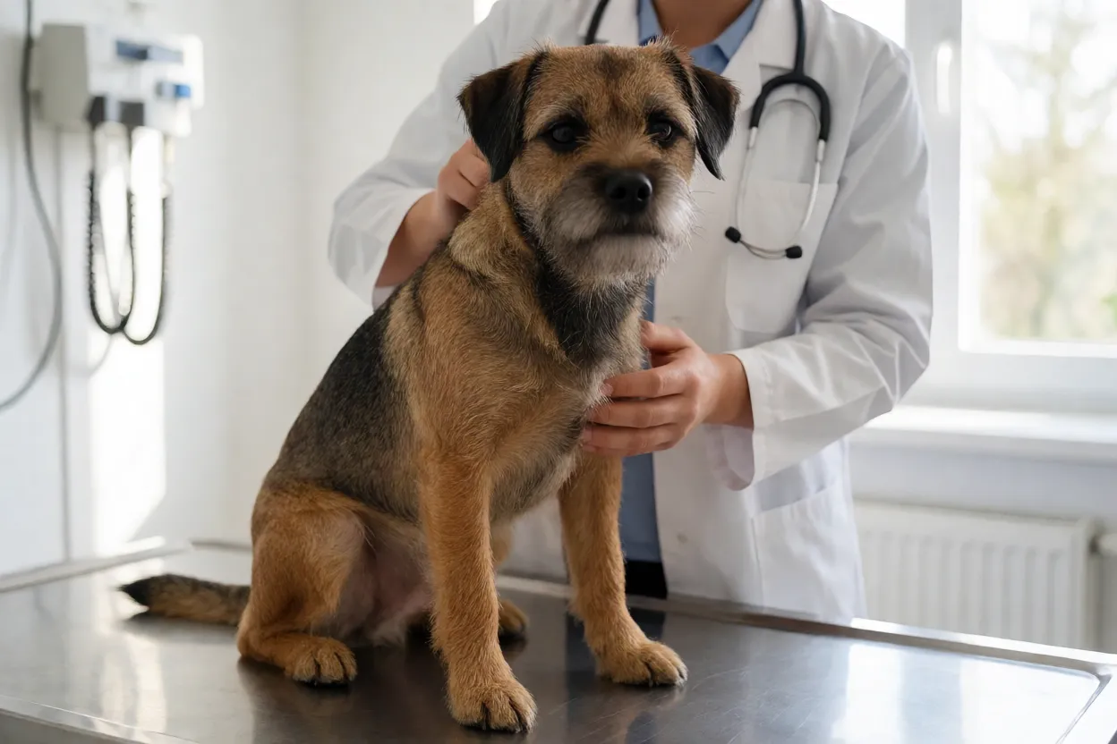 Veterin&aacute;rio examinando um Border Terrier em consulta de rotina