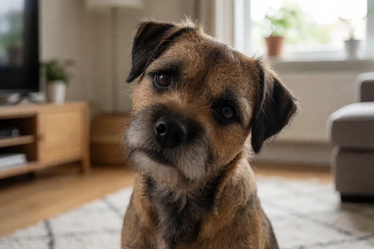 Border Terrier com a cabe&ccedil;a inclinada olhando para o tutor