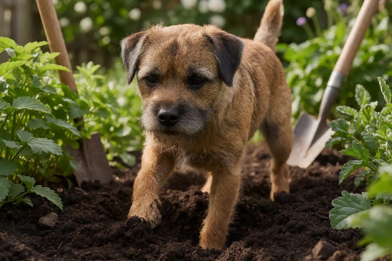 Border Terrier cavando a terra em um jardim