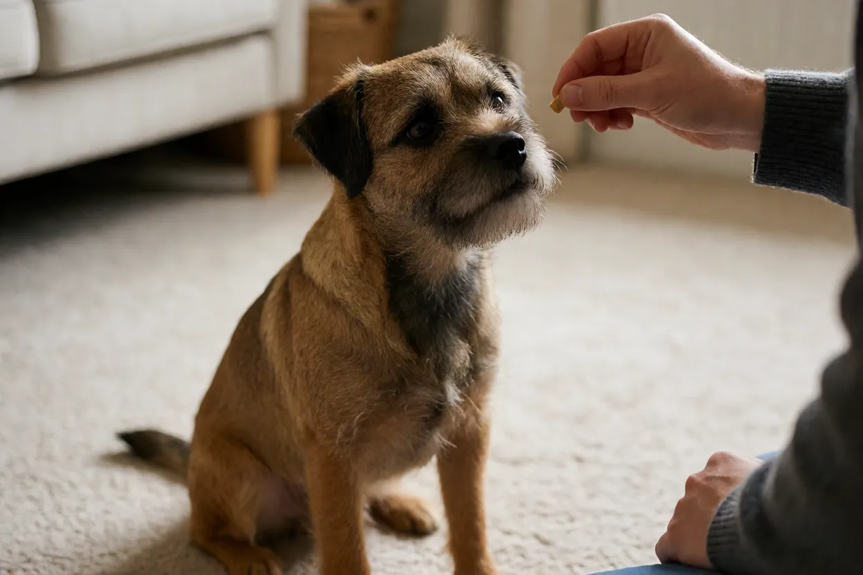 Border Terrier sentado recebendo um petisco durante o treino