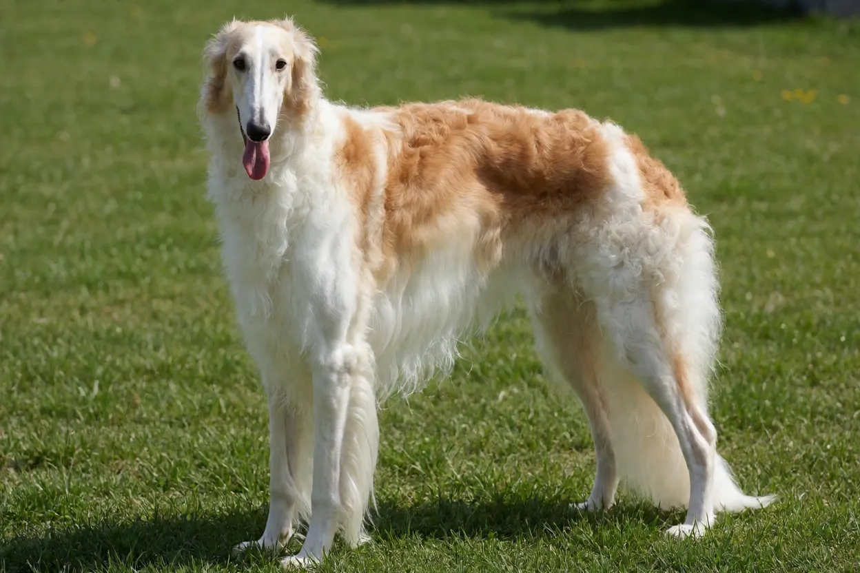 Borzoi Borzoi adulto em pé de corpo inteiro ao ar livre, mostrando pelagem longa e porte elegante