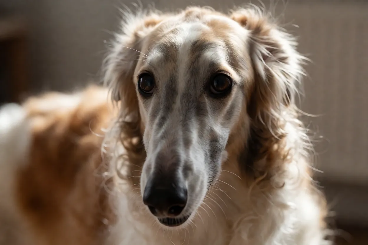 Retrato em close do rosto de um Borzoi com focinho longo e olhar expressivo