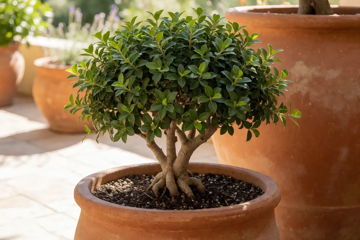 Botão-de-ouro plantado em vaso grande em varanda ensolarada
