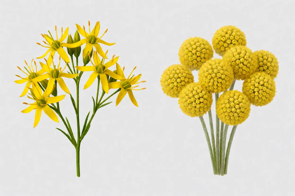 Comparação entre botão-de-ouro arbustivo e botão-de-ouro bola Craspedia