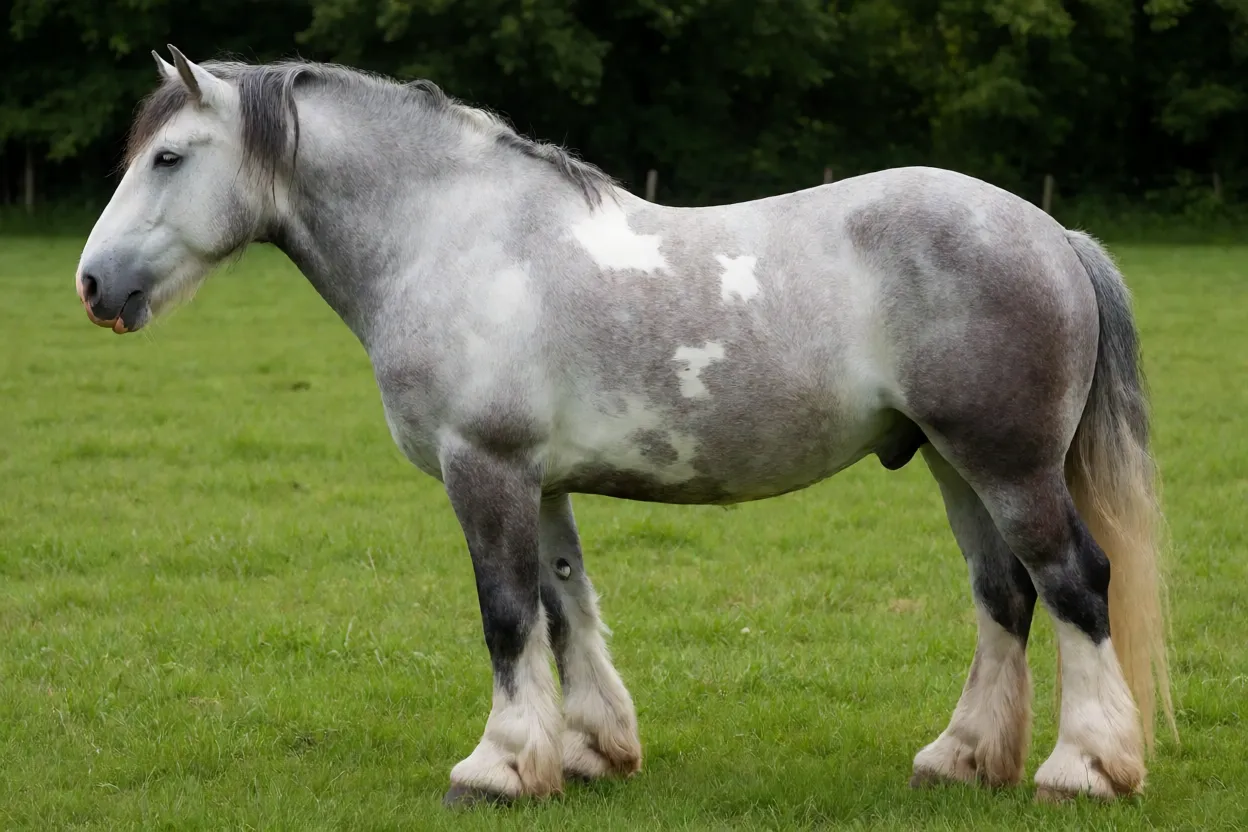 Cavalo Boulonnais adulto de pelagem branca acinzentada em pé de perfil no pasto