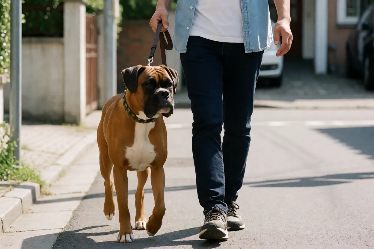 Boxer: personalidade, características e como cuidar da raça Boxer acompanhando tutor em caminhada matinal em rua residencial