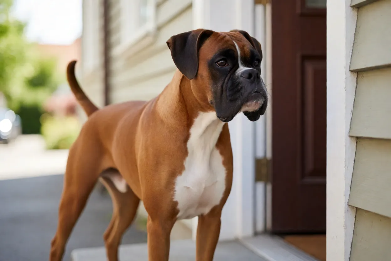 Boxer: personalidade, características e como cuidar da raça Boxer alerta observando entrada de residência