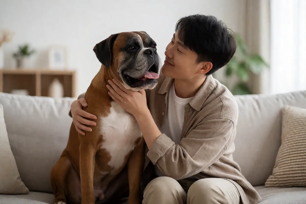 Boxer: personalidade, características e como cuidar da raça Boxer e tutor sentados juntos em sofá em momento de carinho