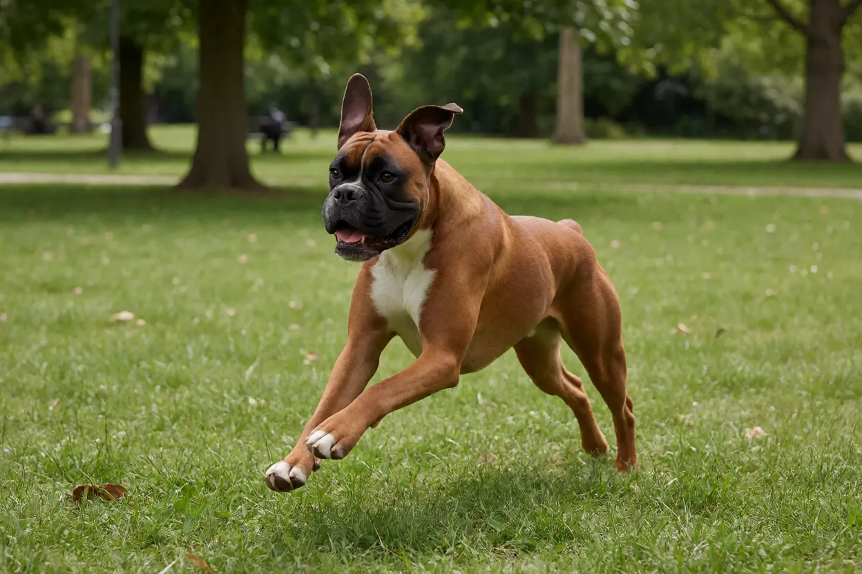 Boxer: personalidade, características e como cuidar da raça Boxer correndo em parque aberto com energia