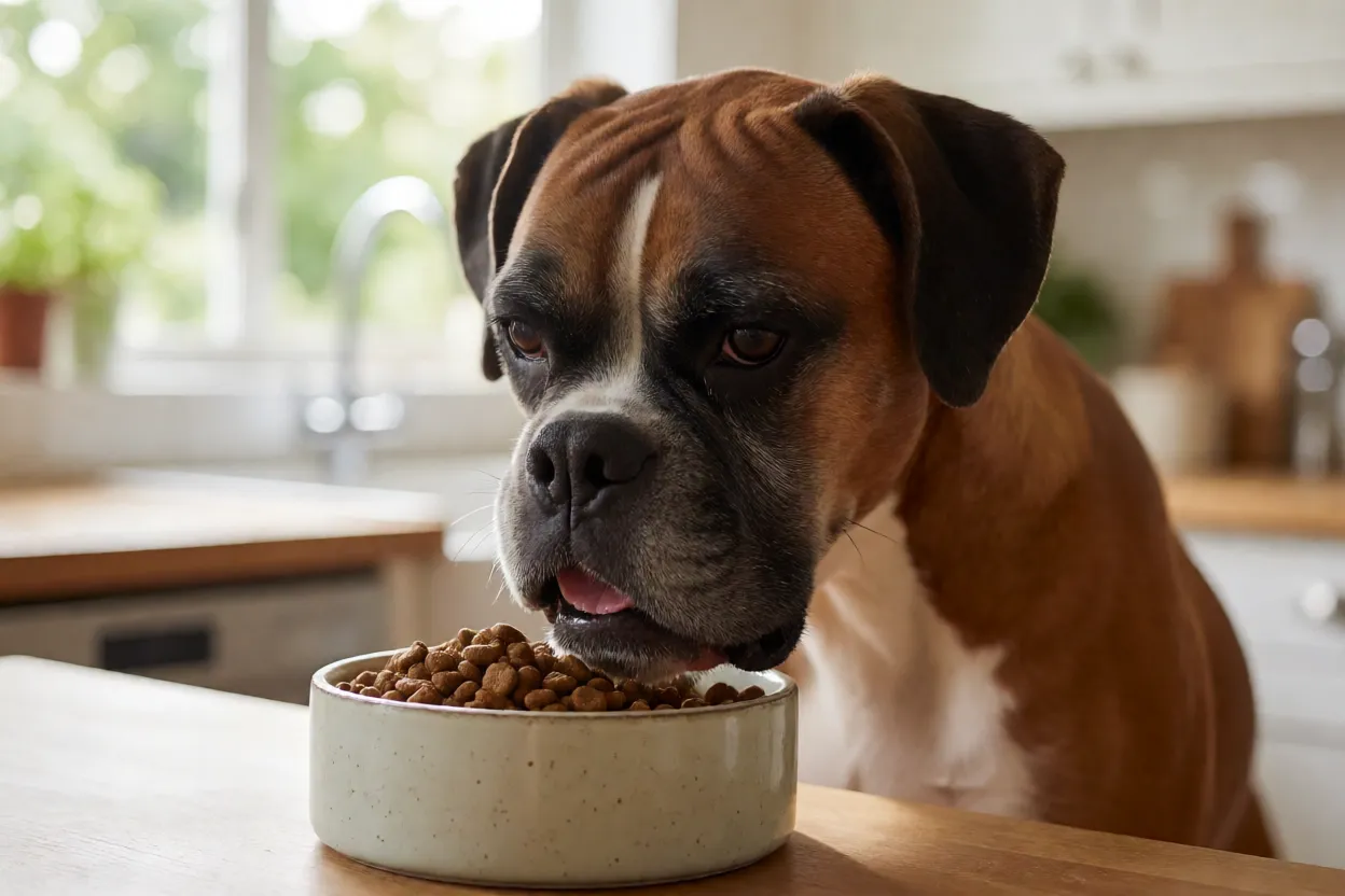 Boxer: personalidade, características e como cuidar da raça Tigela com ração de qualidade sendo oferecida a um Boxer