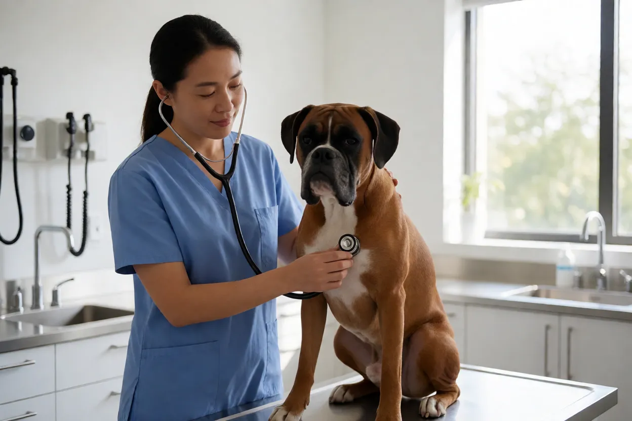 Boxer: personalidade, características e como cuidar da raça Boxer adulto em consulta veterinária sendo auscultado