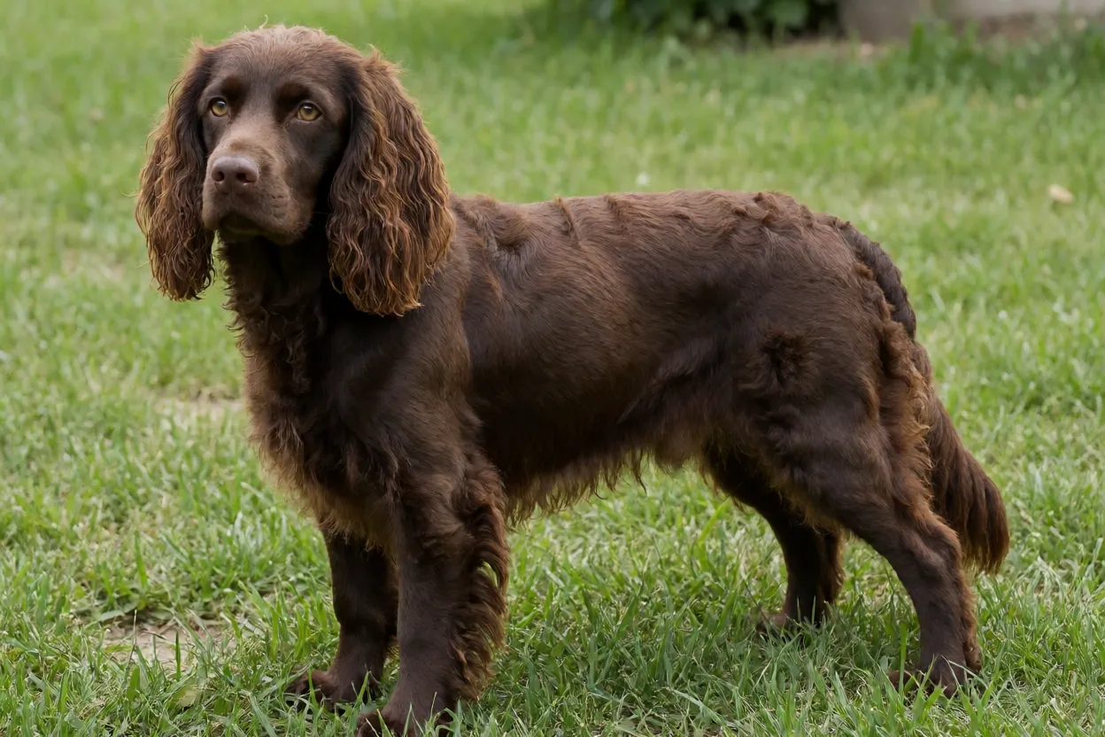 Boykin Spaniel adulto de corpo inteiro em pé na grama com pelagem marrom chocolate ondulada
