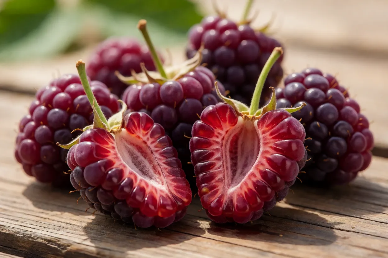 Boysenberry fresca inteira e cortada mostrando polpa suculenta