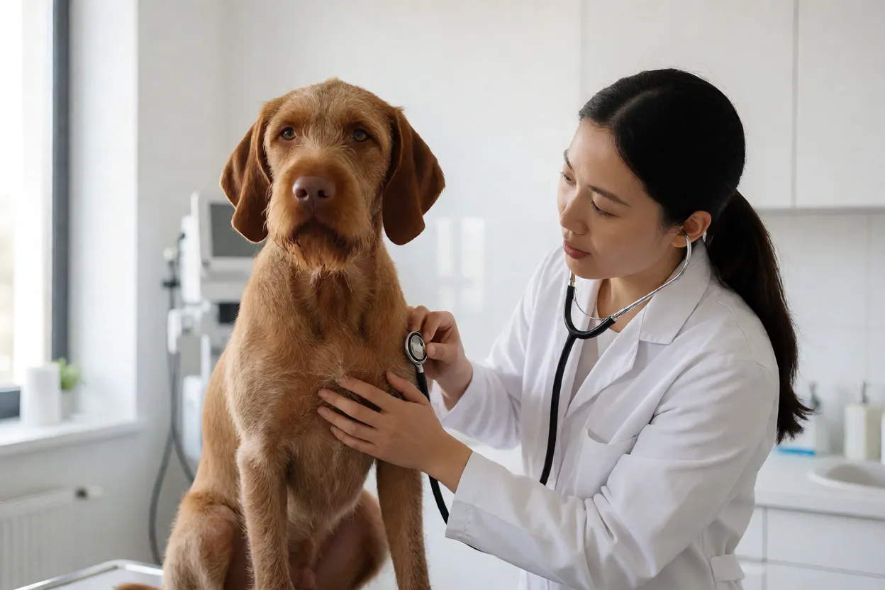 Veterin&aacute;rio examinando um Braco H&uacute;ngaro de Pelo Cerdoso