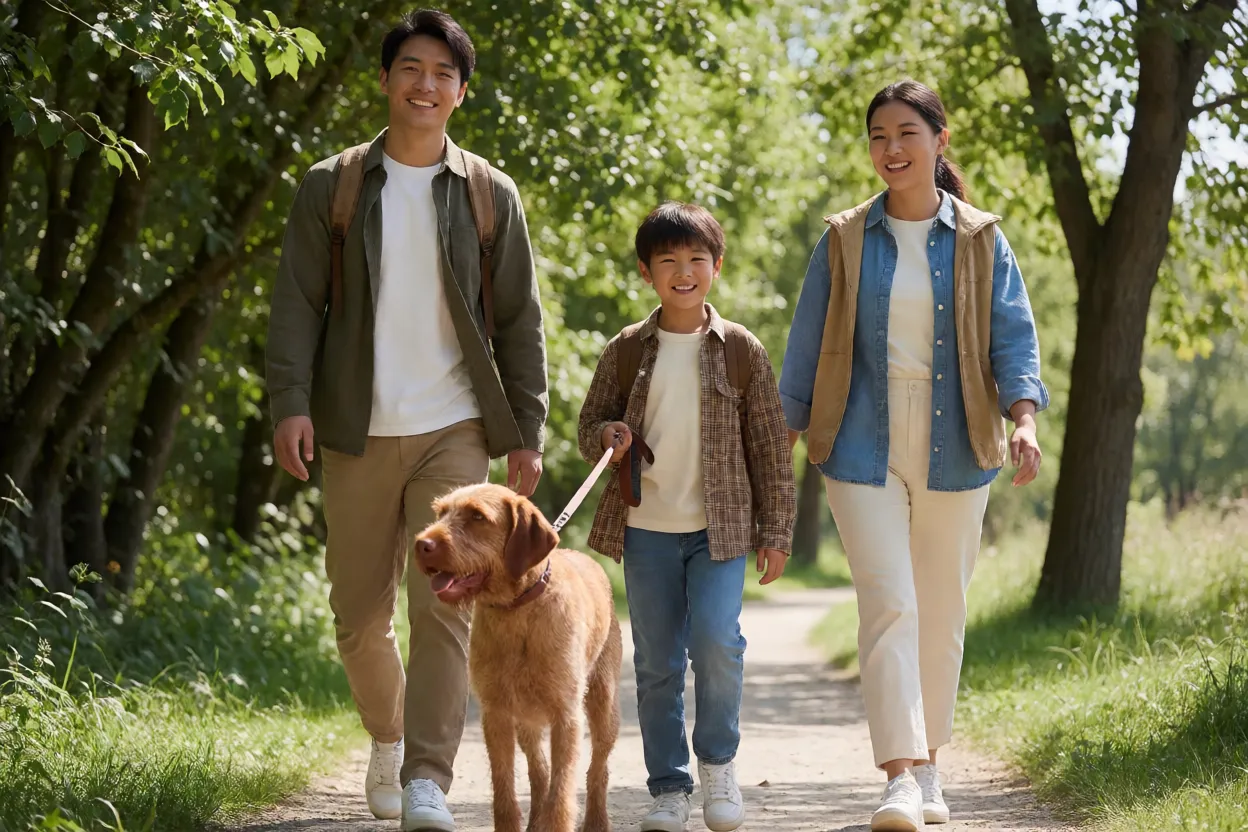 Fam&iacute;lia passeando com um Braco H&uacute;ngaro de Pelo Cerdoso