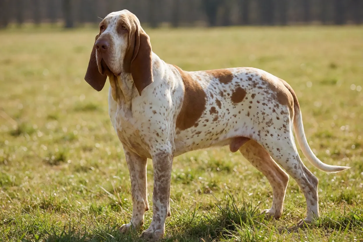 Braco Italiano: aparência, personalidade, energia e principais cuidados Braco Italiano adulto em pé em campo aberto com pelo branco e manchas laranja