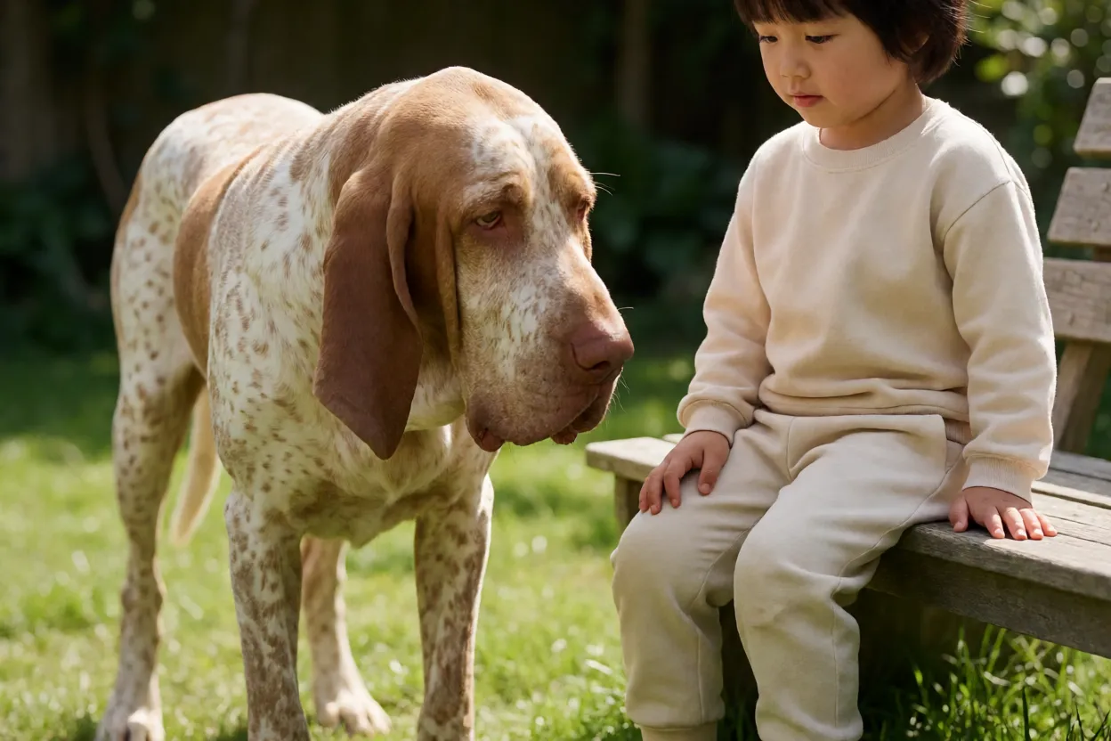 Braco Italiano: aparência, personalidade, energia e principais cuidados Braco Italiano interagindo calmamente com criança em jardim
