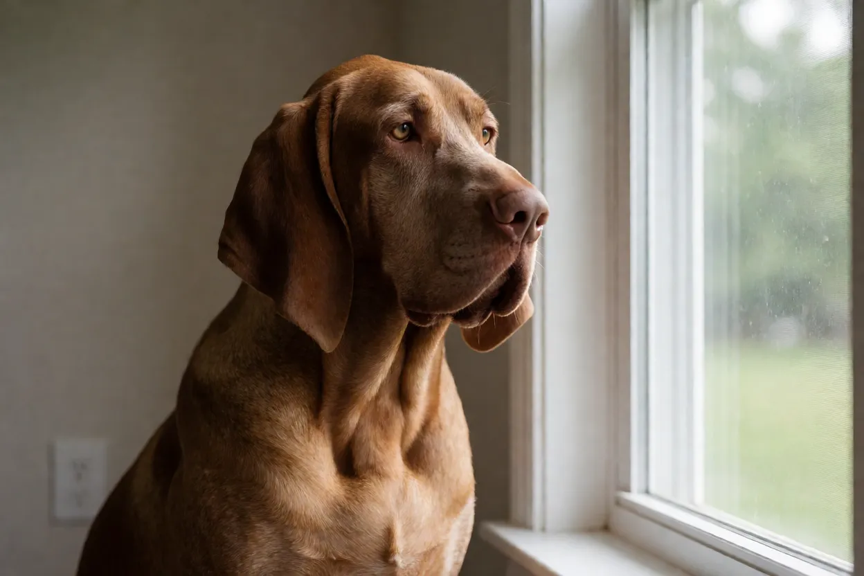 Braco Italiano: aparência, personalidade, energia e principais cuidados Braco Italiano olhando para fora de uma janela com expressão atenta