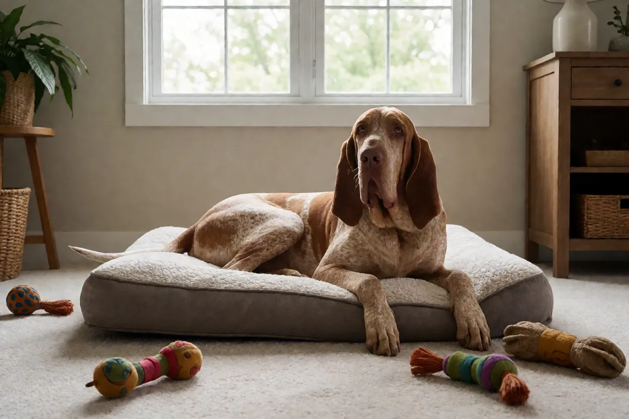 Braco Italiano: aparência, personalidade, energia e principais cuidados Ambiente doméstico preparado com cama e brinquedos para Braco Italiano