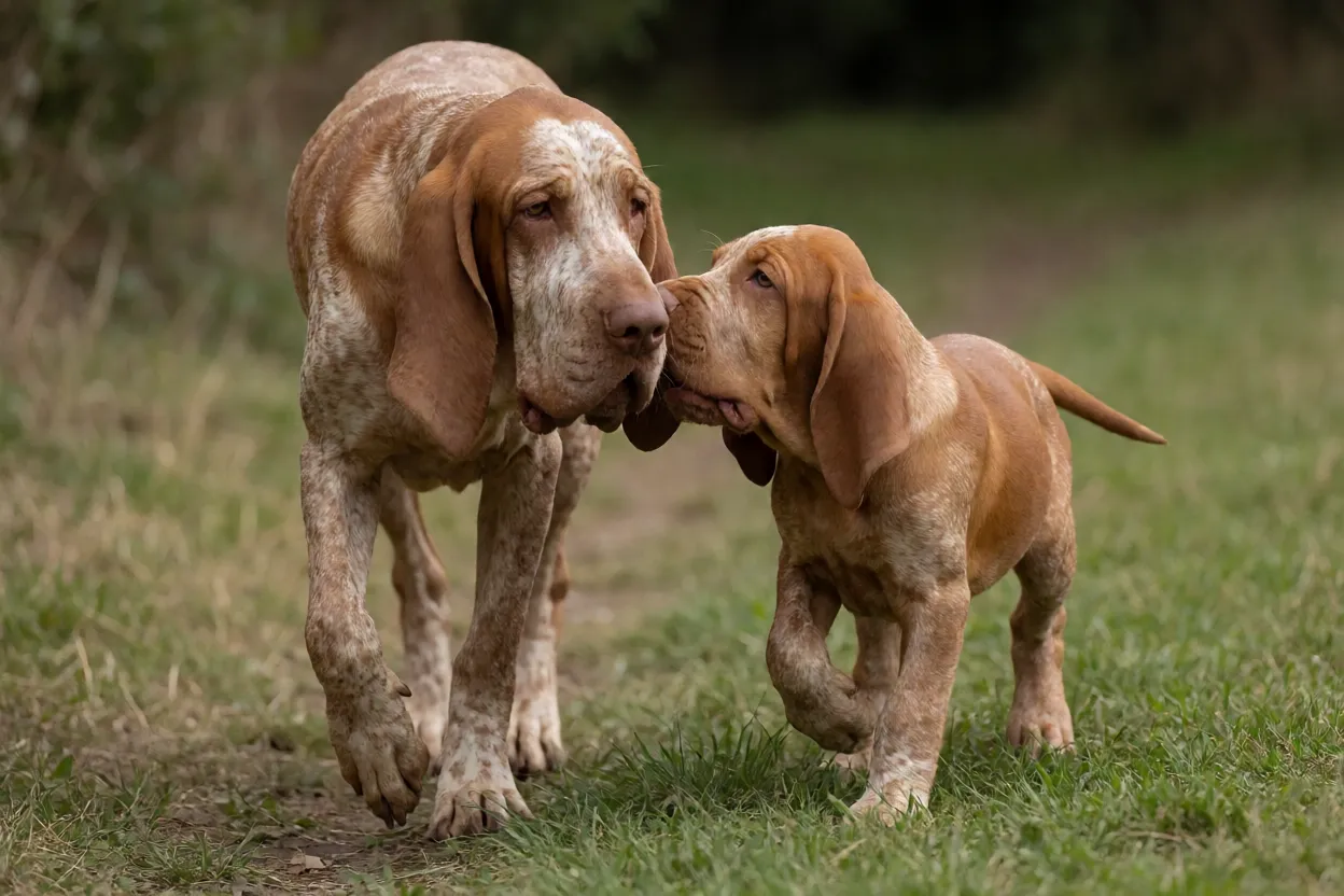Braco Italiano: aparência, personalidade, energia e principais cuidados Braco Italiano adulto e filhote em atividade ao ar livre