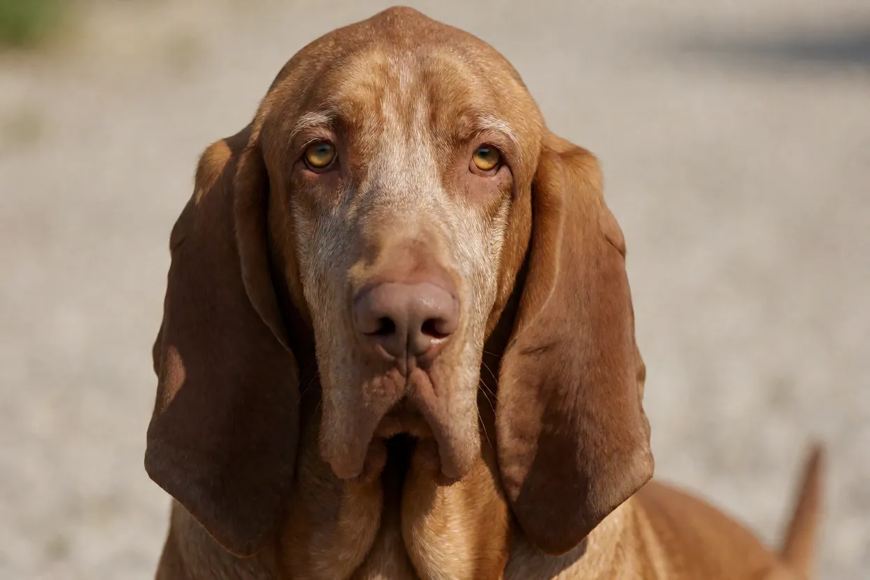 Braco Italiano: aparência, personalidade, energia e principais cuidados Close-up da cabeça esculpida do Braco Italiano mostrando orelhas longas e expressão serena