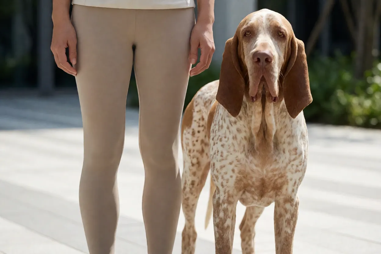 Braco Italiano: aparência, personalidade, energia e principais cuidados Braco Italiano adulto ao lado de uma pessoa para comparação de tamanho