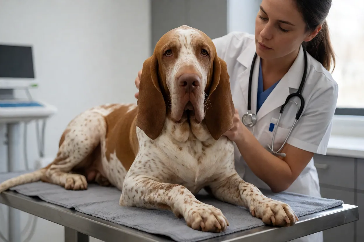 Braco Italiano: aparência, personalidade, energia e principais cuidados Veterinário examinando um Braco Italiano em consultório