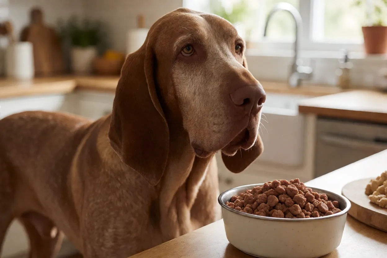 Braco Italiano: aparência, personalidade, energia e principais cuidados Tigela de ração de qualidade ao lado de um Braco Italiano adulto