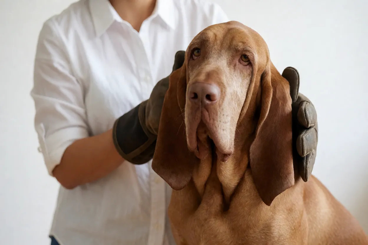 Braco Italiano: aparência, personalidade, energia e principais cuidados Pessoa escovando o pelo curto de um Braco Italiano
