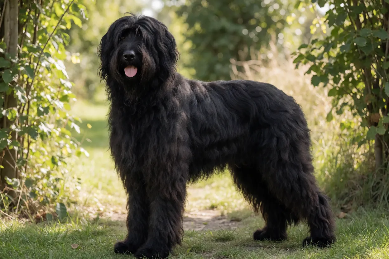 Briard adulto de pelagem preta com franja cobrindo os olhos em pose alerta