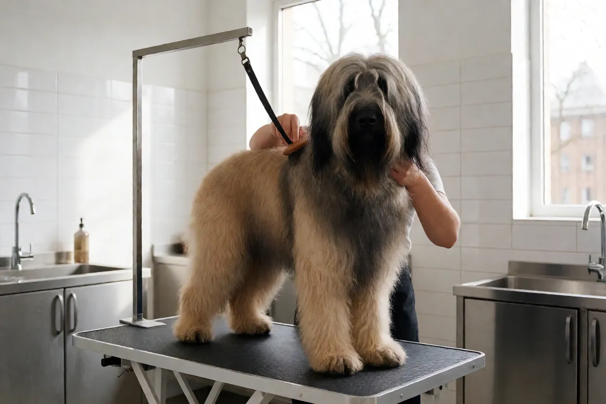 Briard sendo preparado para tosa profissional