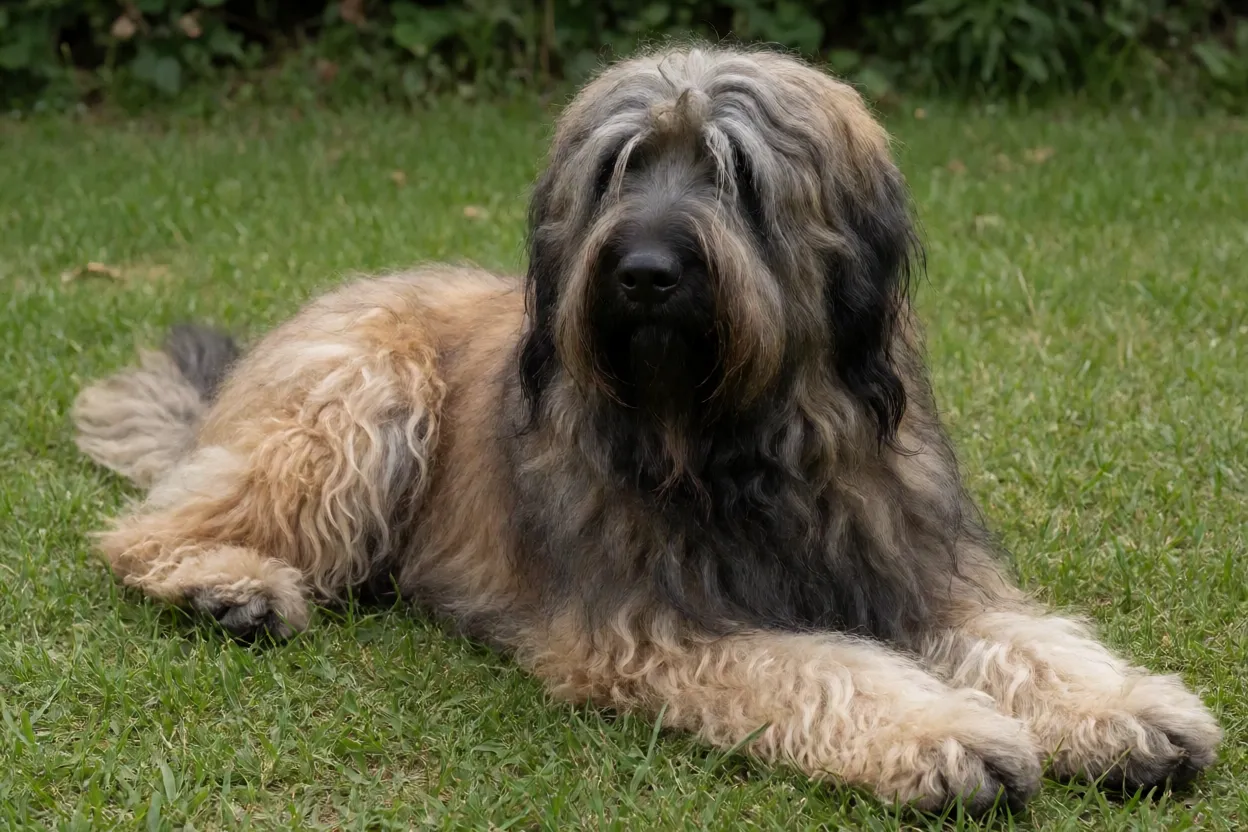Briard adulto deitado em gramado com express&atilde;o calma