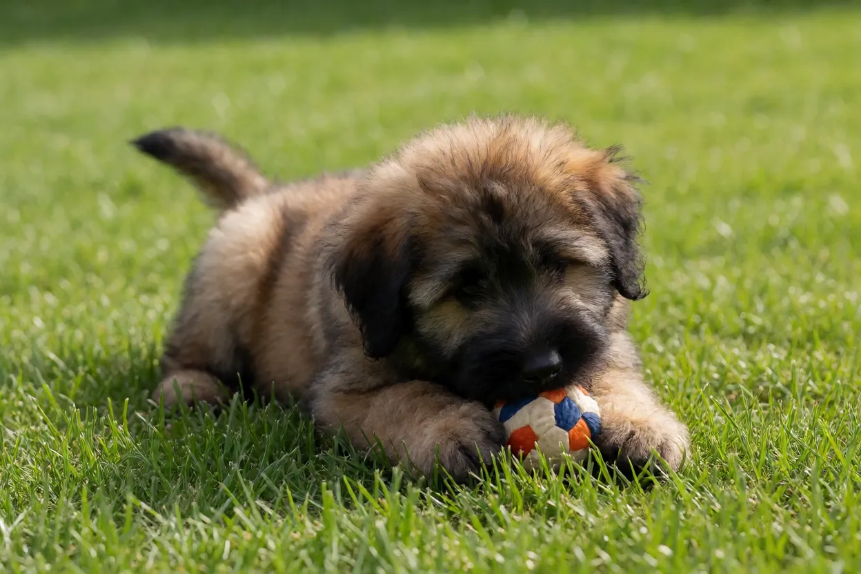 Briard filhote brincando com brinquedo em gramado