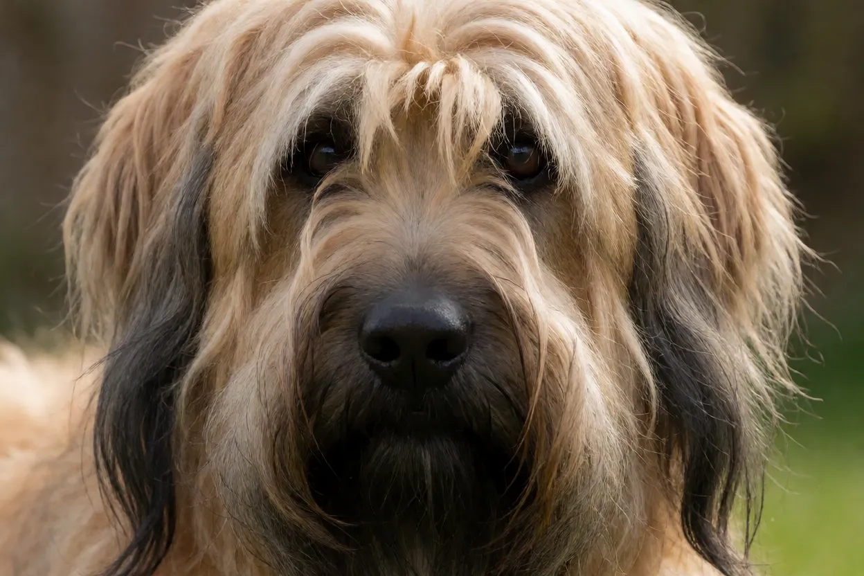 Briard de pelagem fulva mostrando a franja e a barba caracter&iacute;stica